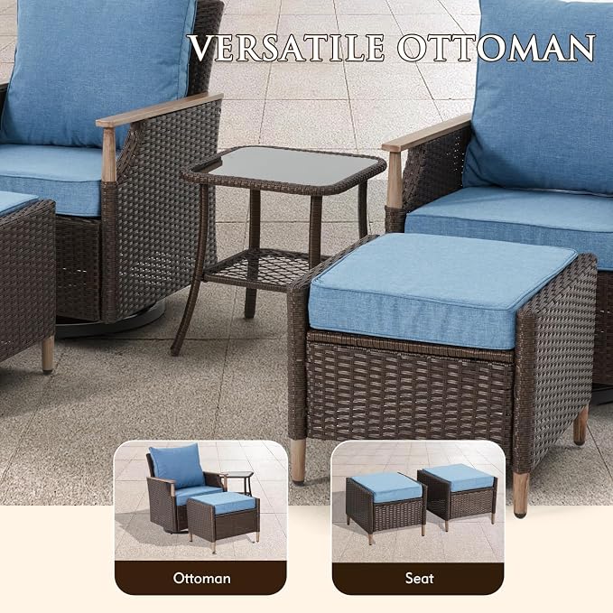 MELLCOM Patio Furniture Set, 5PCS Outdoor Wicker Conversation Set with 4" Thick Cushions, Weather Resistant Olefin Fabric for Garden, Poolside, Blue