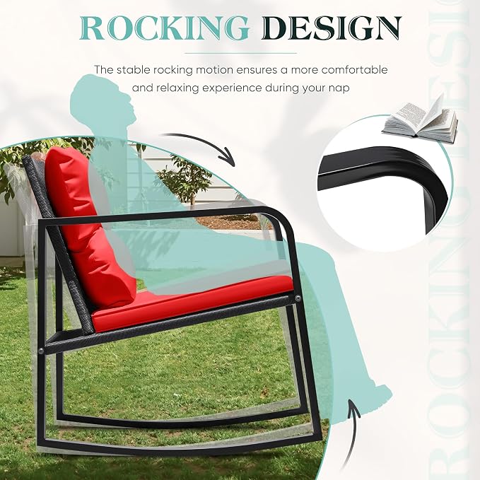 Greesum 3 Pieces Rocking Wicker Bistro Set, Patio Outdoor Furniture Conversation Sets with Porch Chairs and Glass Coffee Table, Red
