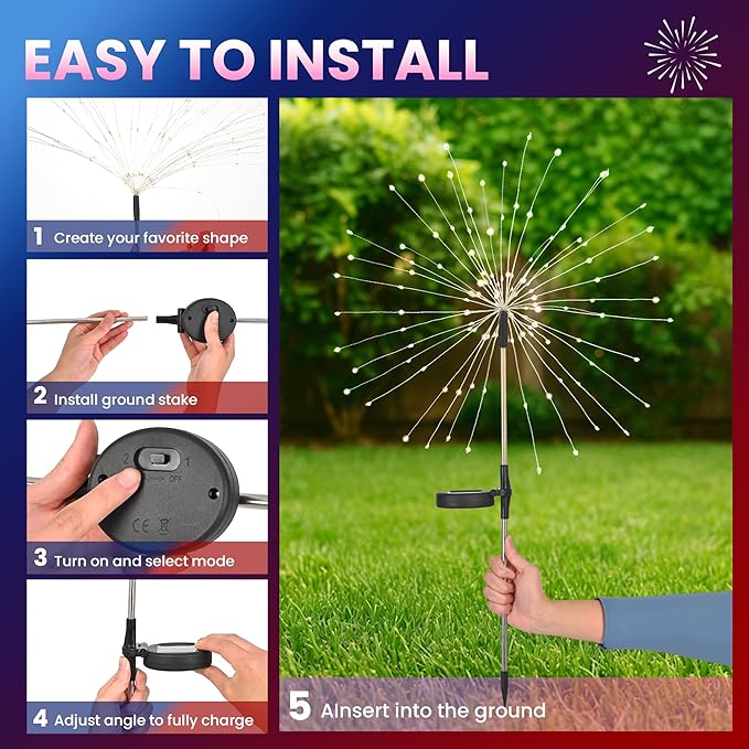 PEVOROS Solar Firework Fairy Garden Lights Outdoor, Red/White/Pink, 6 Pack | 120 LEDs, Waterproof, Fairy Garden Decor, Auto On/Off, Solar Powered, for Yard, Patio, Porch, Flower Pot, Pathway