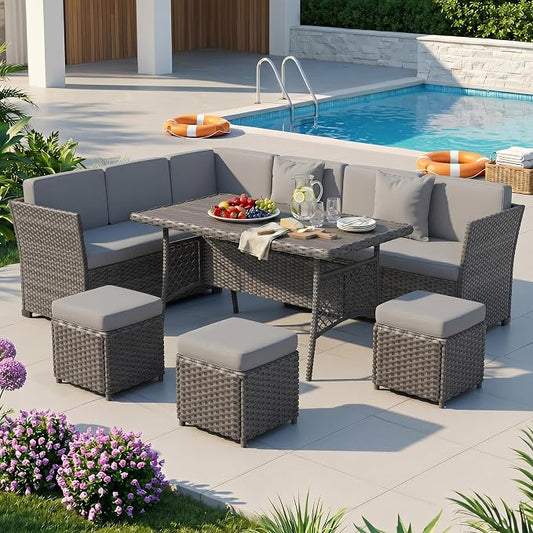 Patio Furniture Set, 7 Pieces Outdoor Dining Sets, All Weather Rattan Conversation Set, Outdoor Dining Sectional Sofa with Large Dining Table, Ottoman (Grey-Light Grey, A-7 Pieces)