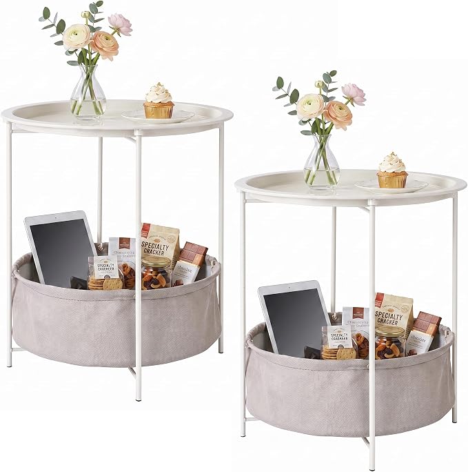 VECELO Round Side/End Table with Fabric Storage Basket，Metal Anti-Rust and Waterproof Small Bedside Nightstand with Removable Tray Top for Living Room，Balcony & Laundry，Beige/2pcs with Basket