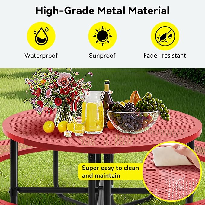 46" Round Metal Picnic Table with Umbrella Hole, Heavy Duty Portable Outdoor Dining Set, All-Weather Steel BBQ Party Table for Patio Garden Backyard, Red (Red-Round)
