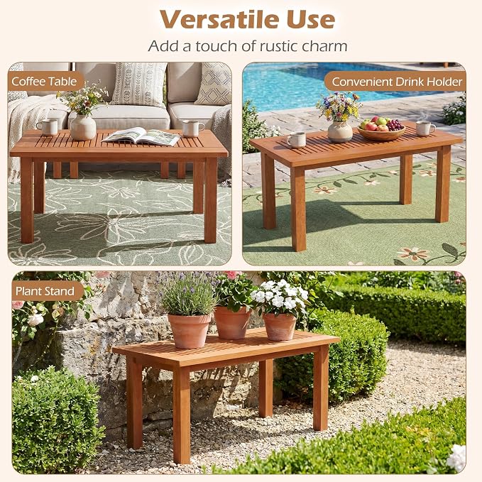 Tangkula 35.5 Inch Outdoor Coffee Table, Modern Rectangular Patio Table with Slatted Top, Teak Oil Finish, Solid Wood Coffee Table for Deck, Garden, Backyard, Indoor & Outdoor Use