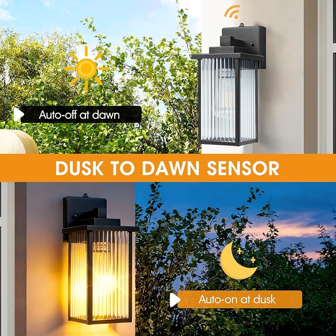 13" Matte Black Dusk to Dawn Outdoor Light, Exterior Light Fixture | Auto On and Off, Anti-Rust Metal Frame, Tempered Glass, E26 Socket, Easy DIY Install on Porch, Garage
