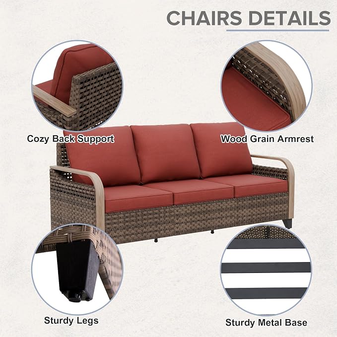COOS BAY Modern Wicker Outdoor Furniture Set, 3 Piece Patio Conversation Set with a 3 Seat Couch and 2 Ottomans, 3 Piece, Brown/Red