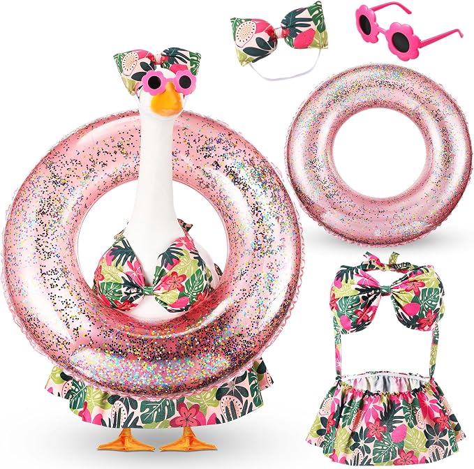 Bikini Porch Goose Outfits with Sunglasses and Swimming Tube for 23" Summer Goose Costume Garden Patio Statue Decor(Flower)