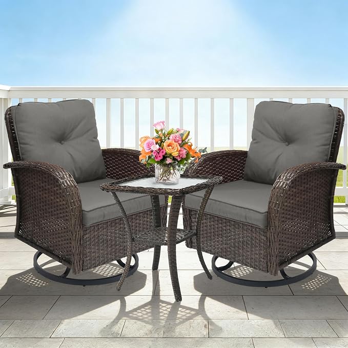 YLGJ&TIDY Outdoor Furniture Swivel Rocker Chairs 3PC Bistro Set 2 Brown Wicker Patio Glider Armchairs with Side Table Cushions Rocking Sofa for Porch Balcony Backyard Deck (Gray, 3PCS Swivel/Table)