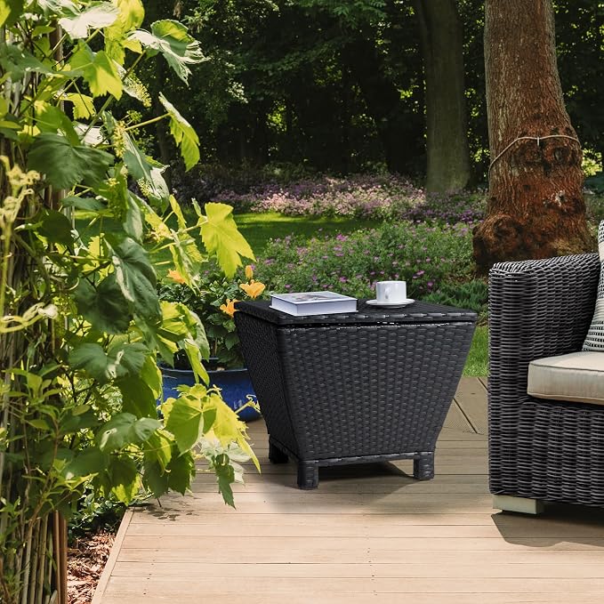 Outdoor PE Wicker Side Table with Storage, Small Patio Storage Bin Container for Hose Cushion Towel (Black)
