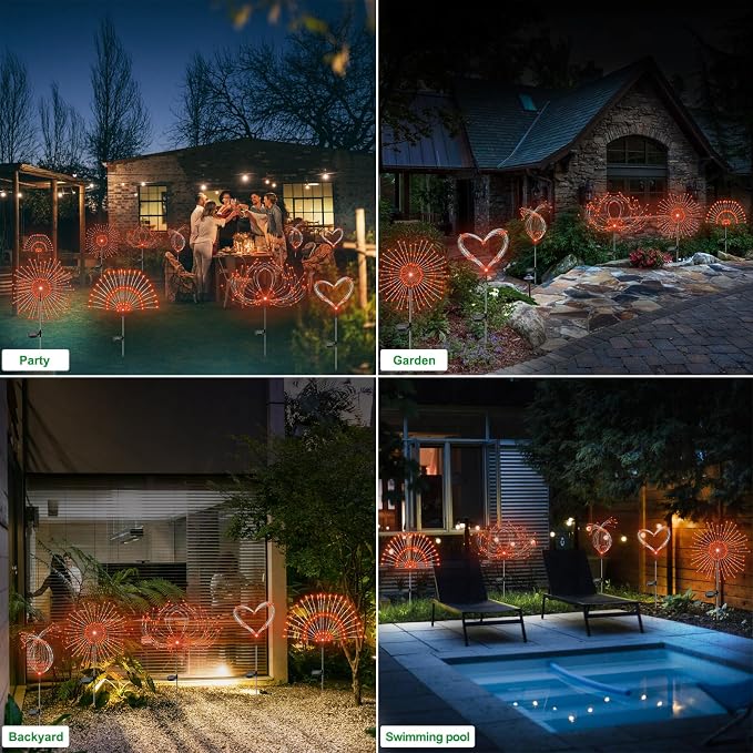 Slyuexu Solar Garden Lights Outdoor Waterproof, 2 Pack 120 LED Solar Firework Lights Decorative Garden Décor Outside for Flowerbed Pathway Party Christmas Decorations, Orange