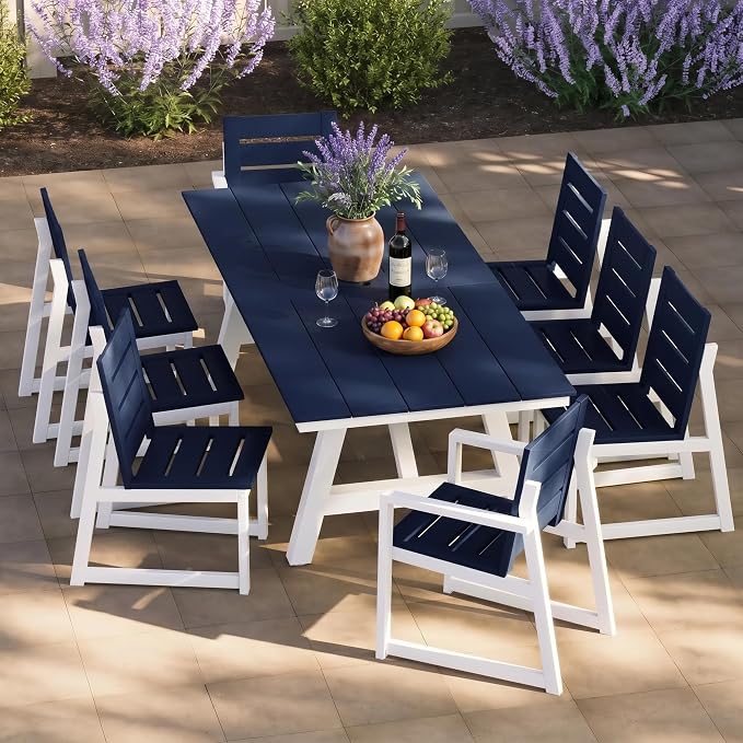 Costaelm Stinson 9-Piece Outdoor HDPE Patio Dining Table Set with Umbrella Hole & Dining Chairs for 8, Navy Blue