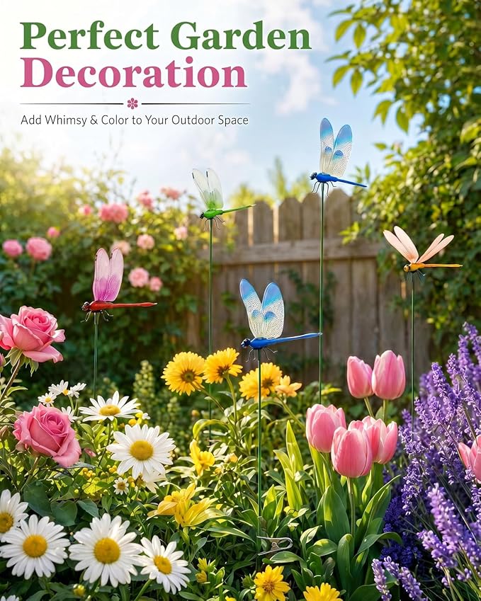 16 Pack Dragonfly Garden Decor, Colorful Metal Dragonfly Wall Art, Hanging Dragonfly Ornaments for Outdoor Indoor Patio Fence Yard Lawn Home Decoration