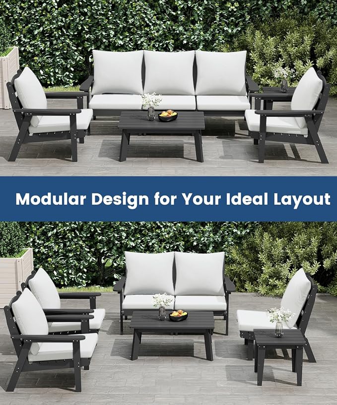 FOOWIN 7-Piece Patio Furniture Set, HDPE All-Weather Outdoor Conversation Set with Thick Cushions, Sectional Patio Sofa Furniture for Deck, Porch, Lawn, Garden, Grey Frame & White Cushion
