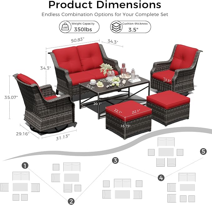Outdoor Patio Furniture Set, 6 Piece Wicker Patio Furniture with Thick Cushions, Curved Armrest, Deep Seating, Rattan Outdoor Chairs for Porch, Deck, Balcony
