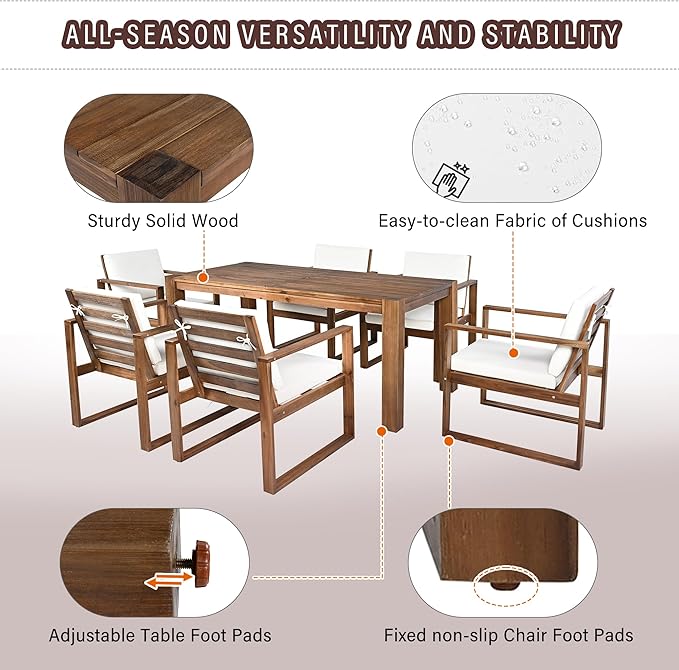 Outdoor Patio Dining Table and Chairs Set for 6, 7 PCS Patio Furniture Set | Outdoor Dining Set for 6 with Umbrella Hole, Wood Frame with Removable Cushion for Garden, Backyard, Lawn and Poolside