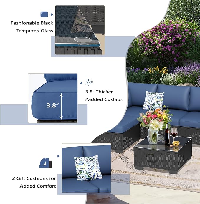U-MAX 7 Piece Outdoor Patio Furniture Set, PE Rattan Wicker Sofa Set, Outdoor Sectional Furniture Chair Set with Navy Cushions and Tea Table, Black Rattan