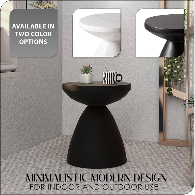 LeisureMod Modern Side Table with Fiberstone Top 20” Round Accent Table and Hourglass Pedestal Base for Outdoor or Indoor Dune Series in Black