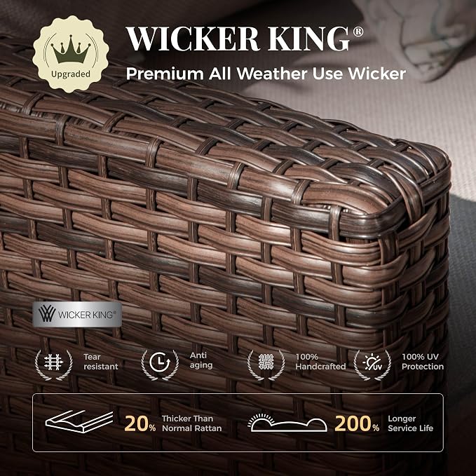 MIXPATIO Patio Furniture Set, 6 Pcs Wicker Rattan Outdoor Conversation Set, 2 x Leg Chairs, 1 x 3 Seater Sofa and 2 x Ottoman with 4" Thick Cushion and 32" Fire Pit Table, Beige