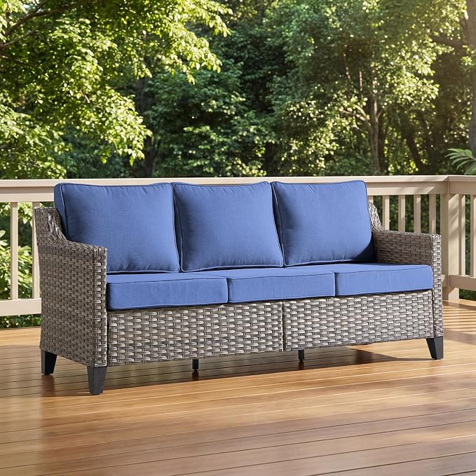Luxury Patio Furniture Sofa Set - 7 Pieces All Weather Wicker Outdoor Couch and High Back Patio Chairs with Sofa & footstools for Deck Yard and Poolside Gray Wicker | Blue Cushions