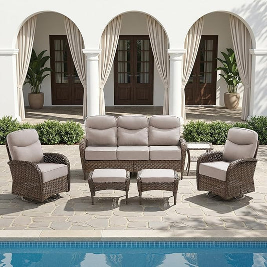 HUMMUH 5-Piece Patio Furniture Set with Upgraded 6" Thick Cushion - High Back Outdoor Swivel Rocker Chairs with 3-Seater Sofa,Ottomans,Wicker Outdoor Conversation Set for Deck,Porch,Yard,Poolside