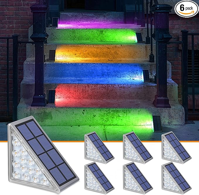 Solar Step Lights,6 Pack RGB Solid Color Changing Solar Stair Lights Outdoor Waterproof IP67 Auto On Off,Solar Lights for Steps,Stair,Patio,Yard,Porch,Front Door,Deck Decor