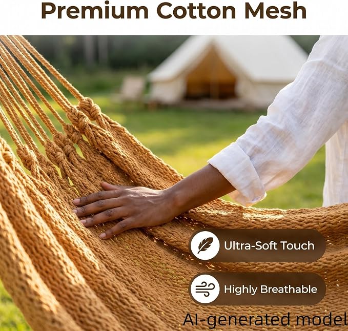 Mayan Style Handwoven Hammock with Carry Bag, 2 Person Cotton Nylon Rope Hammock, 500 lb Capacity for Camping, Backyard, Patio, Porch, Indoor Outdoor Use