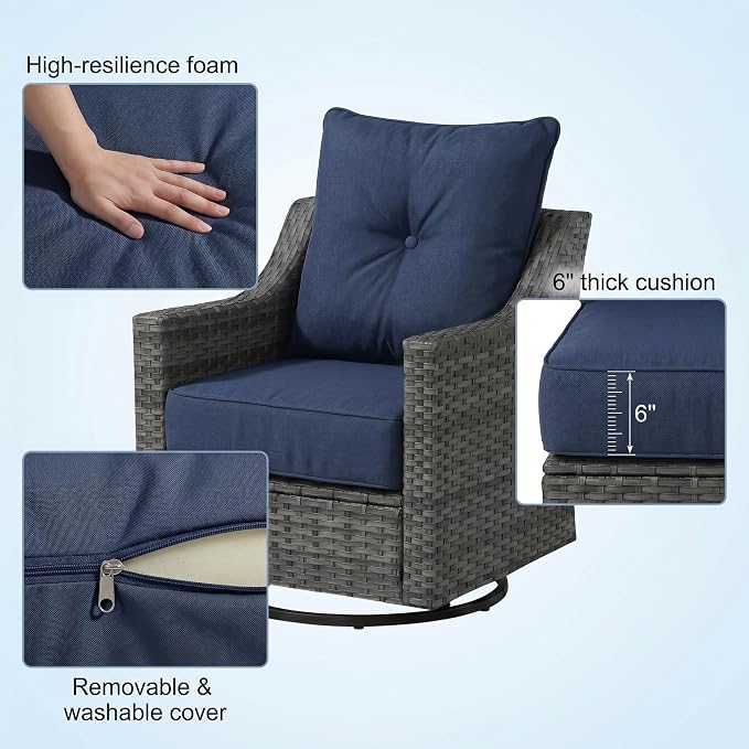 7 Piece Patio Furniture Set with 6" Thick Cushions, Weather-Resistant Wicker Swivel Rocker High Back Chairs and Fire Pit Table for Porch Yard Deck