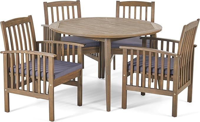 Christopher Knight Home Casa Outdoor Acacia Wood 5 Piece Dining Set with Round Table and Water Resistant Cushion, Gray Finish and Dark Gray