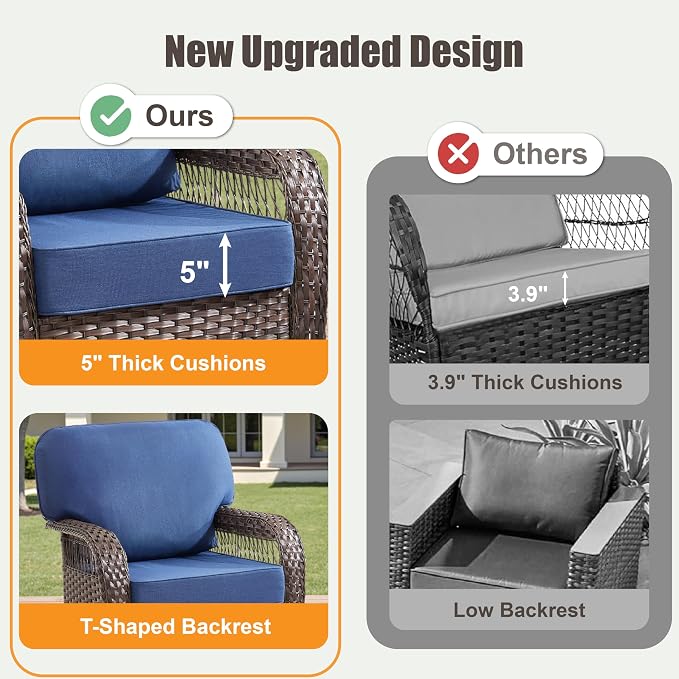 8 Pieces Wicker Patio Furniture Set, Wicker Swivel Rocker Patio Chairs 3 Seater Sofa with Ottomans Rattan Side Table, Outdoor Conversation Furniture Set for Balcony Sunroom Yard, Blue