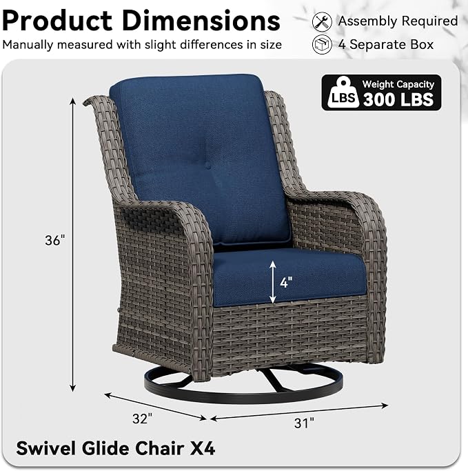 4 Piece Outdoor Swivel Rocker Patio Chairs Set, Patio Chairs Set of 4 with Thickened Olefin Cushions, High Back and Deep Seating, Hand-Woven PE Rattan for Porch, Deck, Blue