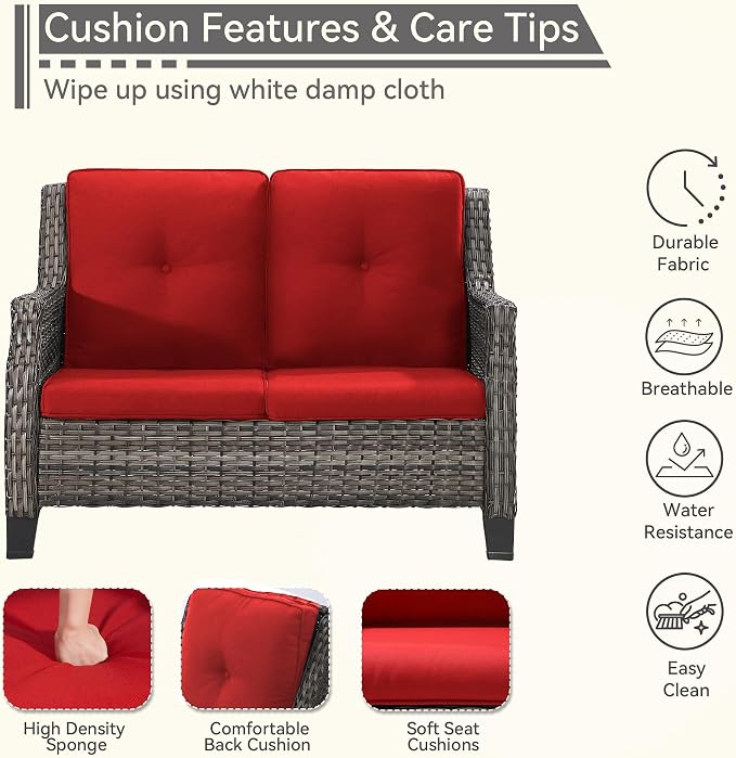 Patio Furniture Couch Outdoors, Rattan Wicker Loveseat with Deep Seating and Olefin Cushions, for Garden Porch Deck Balcony, Red