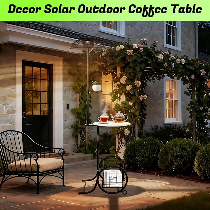 Solar Outdoor Coffee Table with Light, 52.5'' Black Metal Patio Coffee Table, Waterproof IP65 Solar Side Table with Auto Lighting & USB Charging, Outdoor Plant Stand for Patio Porch Backyard Poolside