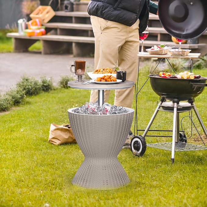 3-in-1 Outdoor Cocktail Table w/Built-in 8Gal Wine Cooler & All-Weather Ice Bucket - Adjustable Patio Bar Height Cooler Table for Poolside, Backyard, Outdoor Bar, Party & Picnic
