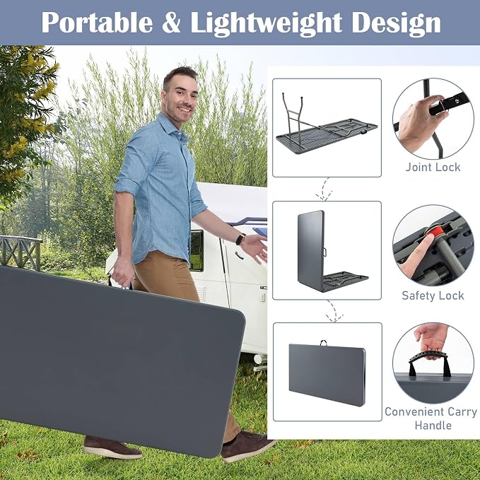 Tangkula 8 FT Folding Table, Indoor Outdoor Foldable Plastic Table with HDPE Tabletop, Sturdy Metal Fame, Carrying Handle, Heavy Duty Portable Fold-in-Half Picnic Table for Camping BBQ Party
