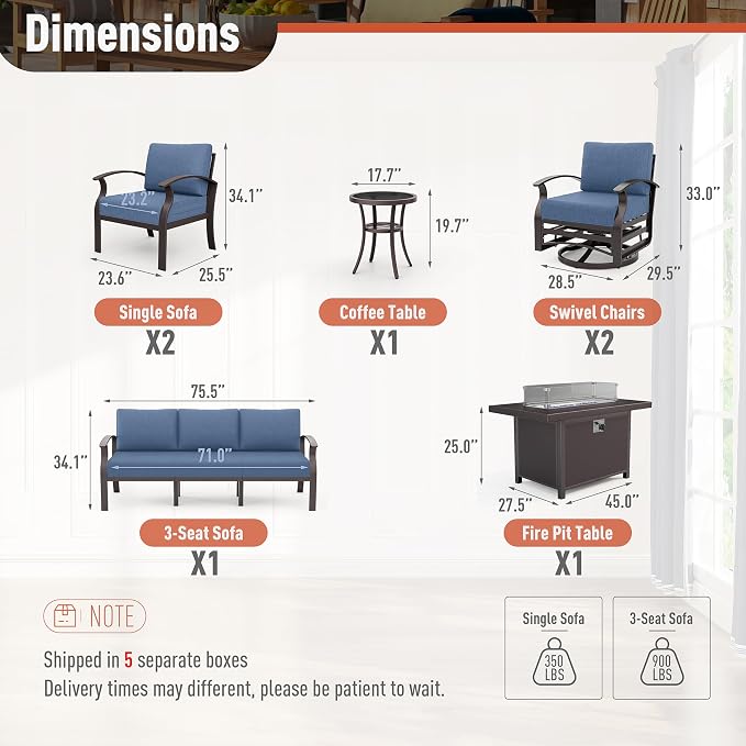 Kurapika Aluminum Patio Furniture Set 7-Seat Modern Metal Outdoor Conversation Sets w/45in Propane Fire Pit Table, Swivel Rocking Chairs Patio Sectional Sofa w/5.1 Inch Cushion, Navy Blue