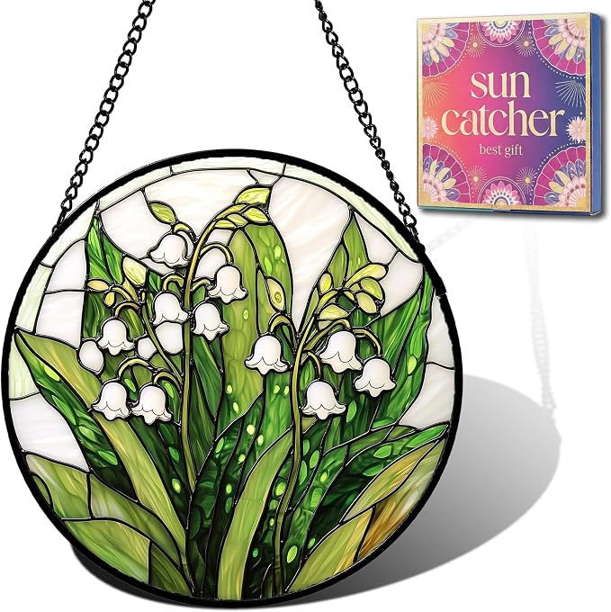 Birthday Gifts for Women - Lily of the Valley Faux Stained Glass Window Hanging Sun Catcher for Door Garden Acrylic Decor Mother's Day Christmas May for Mom Nana Grandma Sisters 6.3"
