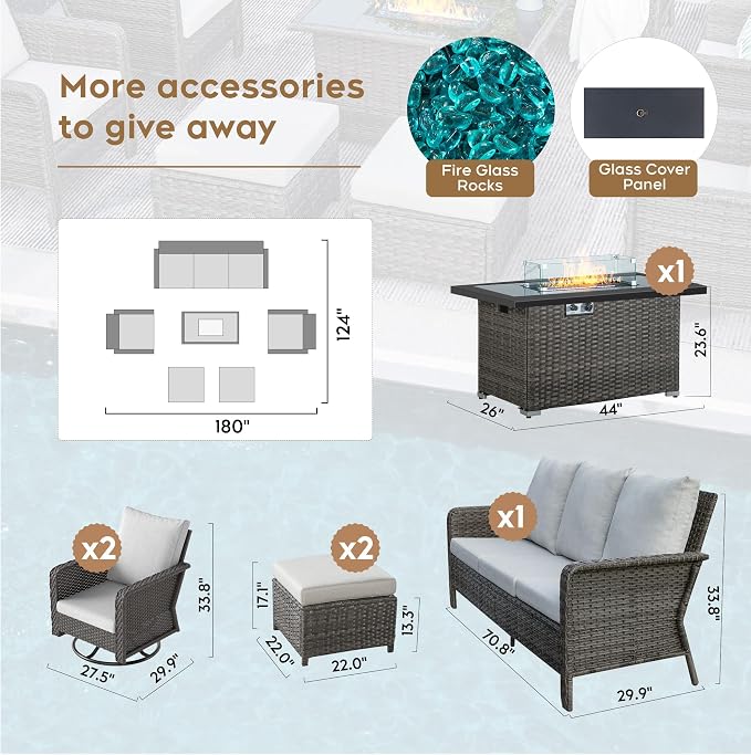 Yechen Patio Furniture Set 6 Peices with 44" Propane Gas Fire Pit Table -2 Wicker Swivel Rocking Chair, Outdoor Sectional Furniture Set with-4.3'' Cushion Conversation Sofa Set for Porch,Backyard