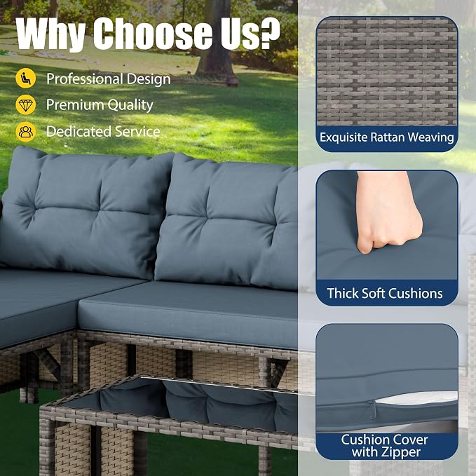 Vongrasig 3 Pieces Patio Furniture Sets, All-Weather Wicker Outdoor Sofa Couch Sectional Set, Small Conversation Set for Patio, Garden w/Cushion, Glass Table, (Blue)