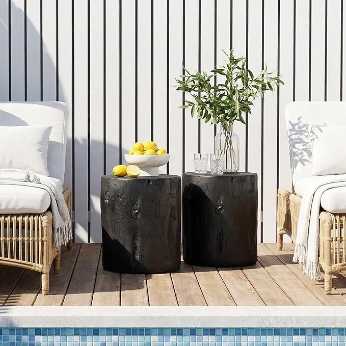 HOMPUS Concrete Outdoor Side Table, Tree Stump Modern Round Accent Table, Planter Stand Faux Wood End Garden Stool for Patio, Home Decor, Living Room, Black