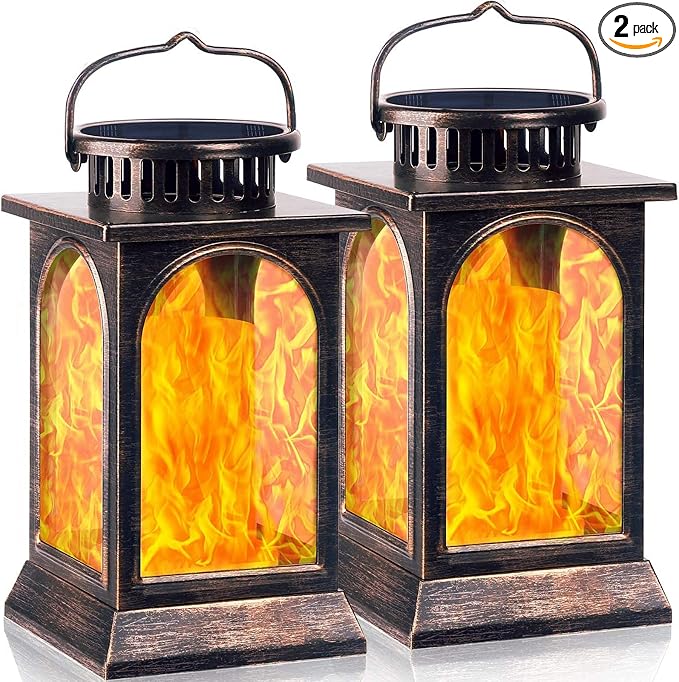 TomCare Flickering Flame Solar Lights Outdoor Metal Hanging Lantern, 2 Pack | Realistic Flame Effect, Charges in 6-8 Hours, 10-12-Hour Runtime, IP65 Waterproof, Auto On/Off for Patio, Garden and Porch