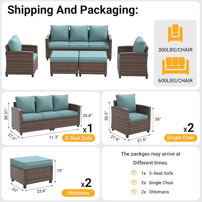 Outdoor Furniture Set, 5 Pcs Wicker Patio Couch with Chairs, Ottomans and Thick Cushions, All Weather Wicker Rattan Patio Conversation Set,Light Blue