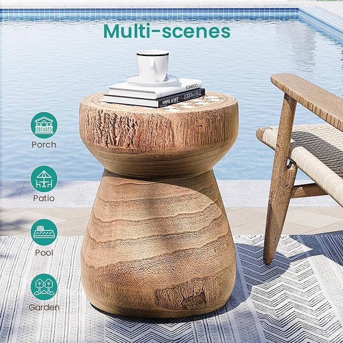 SUNBURY Outdoor Side Table, 14" W Round Outdoor End Table, Faux Wood Small Concrete Side Tables w Chessboard,Patio Side Tables, Garden Stool for Yard, Front Porch, Brown