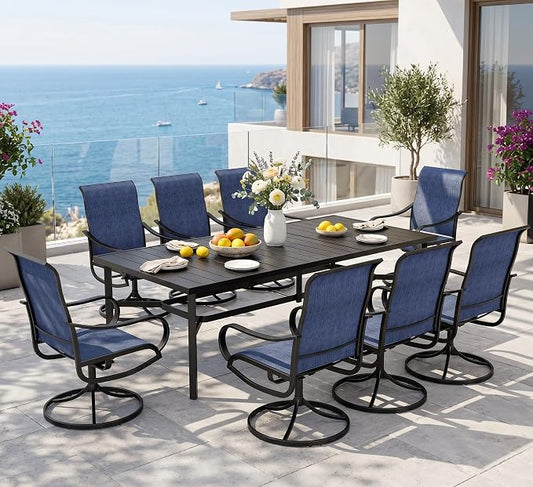 Sophia & William Outdoor Dining Set for 8 Patio Dining Sets 9 Pieces Patio Table and Chairs Set with 8 × Swivel Textilene Chairs and 82" Large Metal Table for Deck Garden Pool All Weather (Blue)