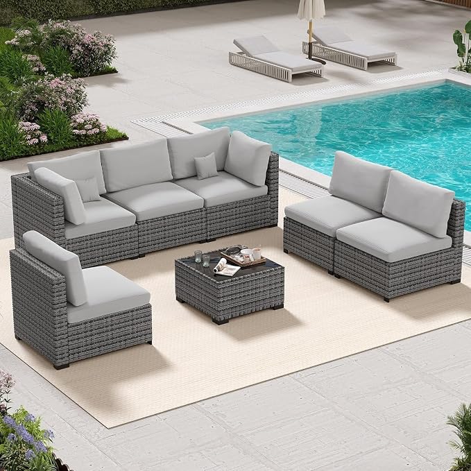8-Piece Outdoor Wicker Patio Furniture Set with Sectional Rattan Sofa and Coffee Table Thick Cushions for Backyard Lounge(Gray)