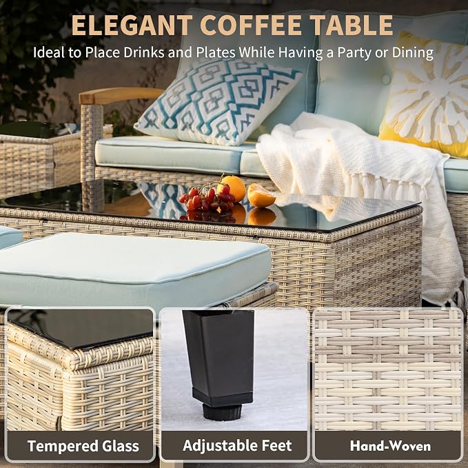 MEISSALIVVE 10 Pieces Patio Furniture Sets,Wicker Patio Conversation Sets with 4 Wood Armrests Swivel Glide Chairs, 2 Ottoman, 3-seat Sofa and Coffee Table (Blue)