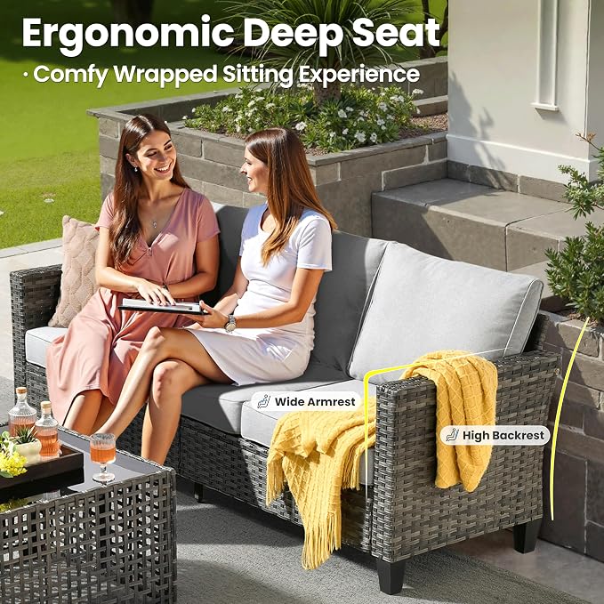 ovios 7 Pieces Patio Furniture Set with 42" Fire Pit Table, Outdoor Sofa Couch with Solar Lights Table Comfy Cushions, Modern Deep Seat Wicker Rattan Conversation Set, Grey