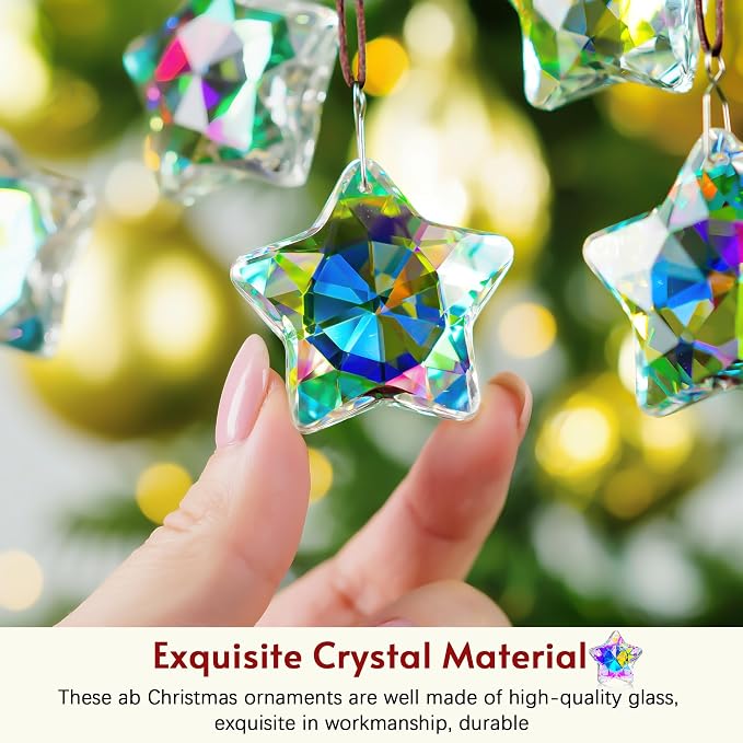 2 Pcs 2 Inch AB Crystal Star Prism Suncatcher Window Hanging Decor | Handmade AB Coating Crystal Star Prism Suncatcher Rainbow Pendants Set of 2 for Window Garden Home Office Christmas Decor