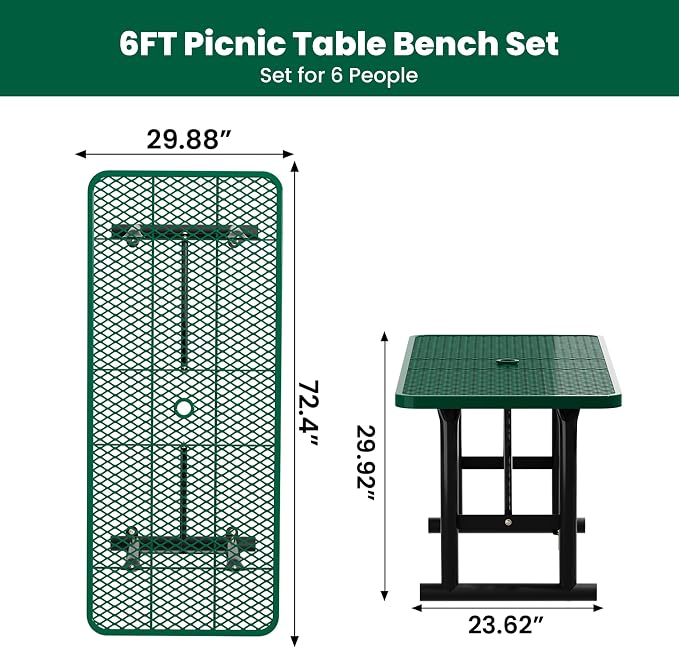 6FT Metal Picnic Tables for Outdoors, Commercial Rectangular Picnic Table for Outside, Park, Campfield, Patio, Garden, Yard, Thermoplastic Coating, Surface Mounted, Green