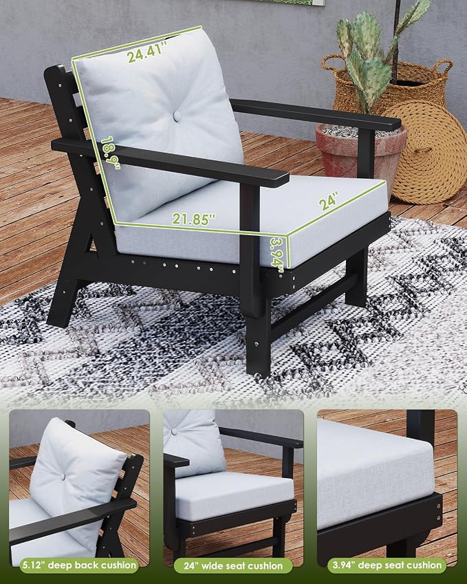 GREENVINES Outdoor-Couch-Set-of-2 | HDPE Plastic | Patio Sectional Conversation Sets | All Weather Couches | Sofa with Detachable Armrests | for Porch Deck Lawn | Black Frame Light Gray Cushion