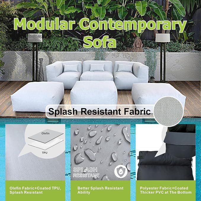 ANNYH PortoCervo 6PCS Patio Outdoor Furniture Sectional Conversation Set Combines 1 Middle & 2 Corner Chairs, 3 Ottoman, Foam Filled Bean Bag Chairs Modular Contemporary Sofa Comfy Couch, Cloud Gray
