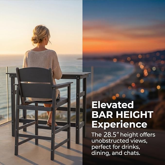 3 Piece Outdoor Bar Height Table and Chairs Set, HDPE Outdoor High Top Table and Chairs with Aluminum Reinforced Tabletop, All Weather Bar Height Patio Set for Deck/Balcony/Backyard, Grey